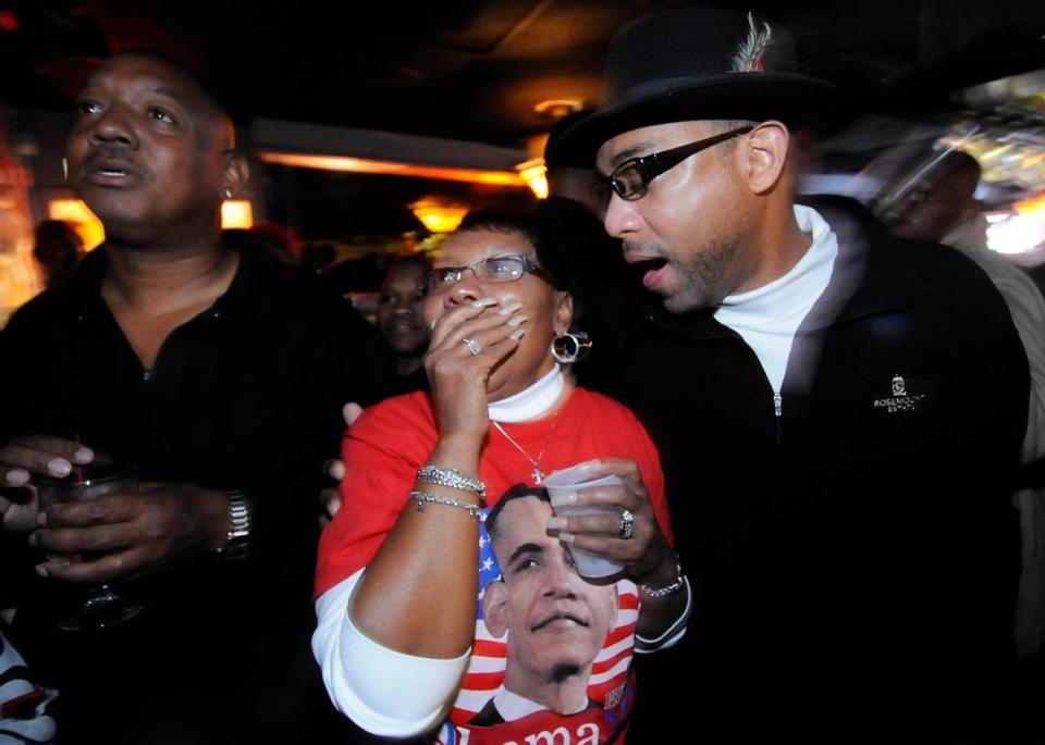 Excelsior Club crowd reacts as Barack Obama was projected to be the next U.S. President during an election party in November 2008 at Excelsior Club in Charlotte.