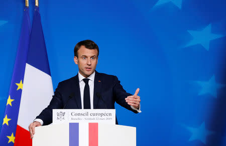 French President Emmanuel Macron holds a news conference after a European Union summit in Brussels, Belgium March 22, 2019. REUTERS/Eva Plevier