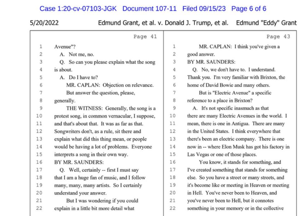 An excerpt from Trump lawyers' May, 2022 deposition of singer-songwriter Eddy Grant.