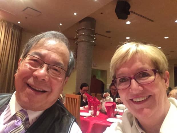 Bill Yee, left, pictured in 2015 in Vancouver at a Chinatown Merchants Association dinner with Suzanne Anton, British Columbia's former attorney general and minister of justice. (Suzanne Anton/Twitter - image credit)
