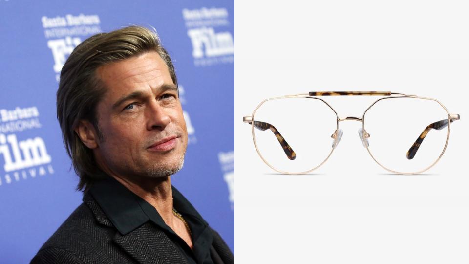 Brad Pitt, Coxon Aviator Golden Tortoise Eyeglasses. (Photo: Getty Images, EyeBuyDirect)