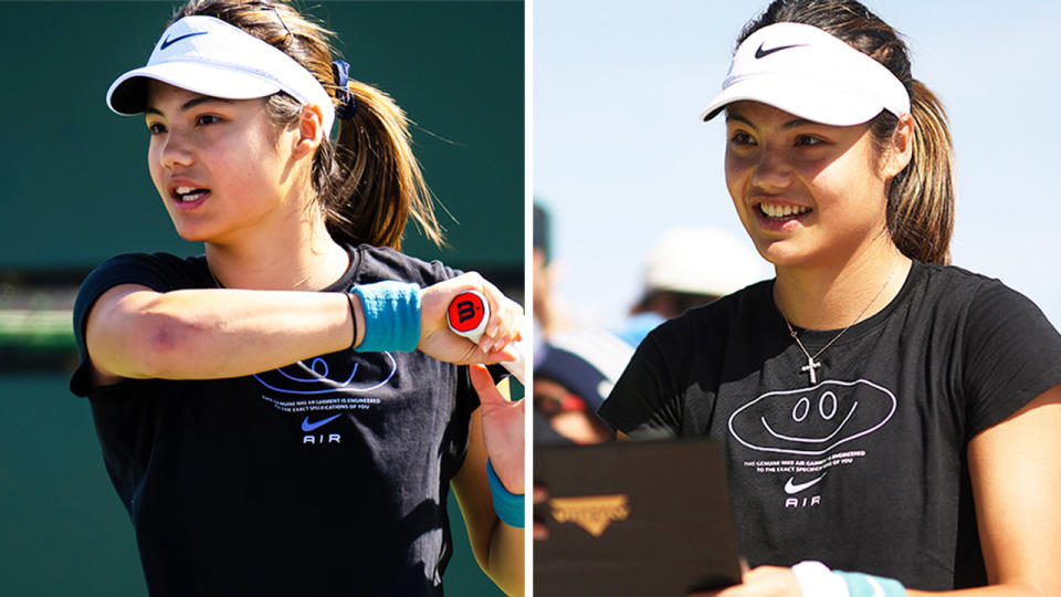 Emma Raducanu hits a forehand and Raducanu speaks to fans,