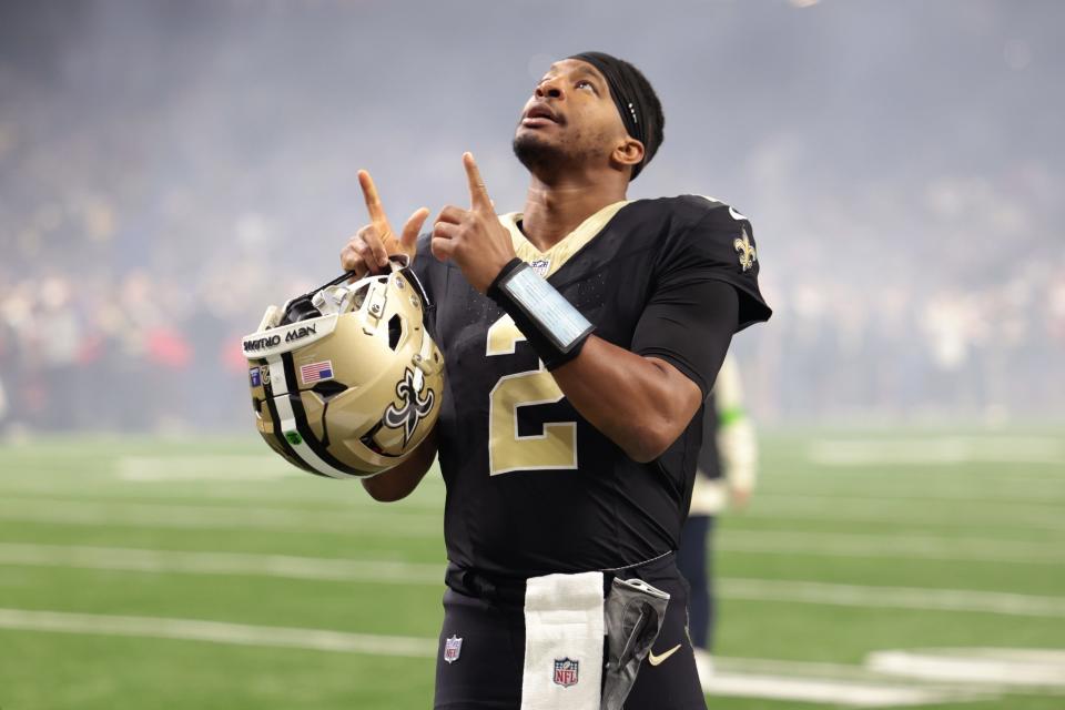 Dec 17, 2023; New Orleans, Louisiana, USA; New Orleans Saints quarterback Jameis Winston (2) gestures before the game against the New York Giants at Caesars Superdome. Mandatory Credit: Stephen Lew-USA TODAY Sports