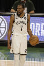 Brooklyn Nets' Kevin Durant yells during the second half of Game 6 of a second-round NBA basketball playoff series against the Milwaukee Bucks, Thursday, June 17, 2021, in Milwaukee. (AP Photo/Jeffrey Phelps)