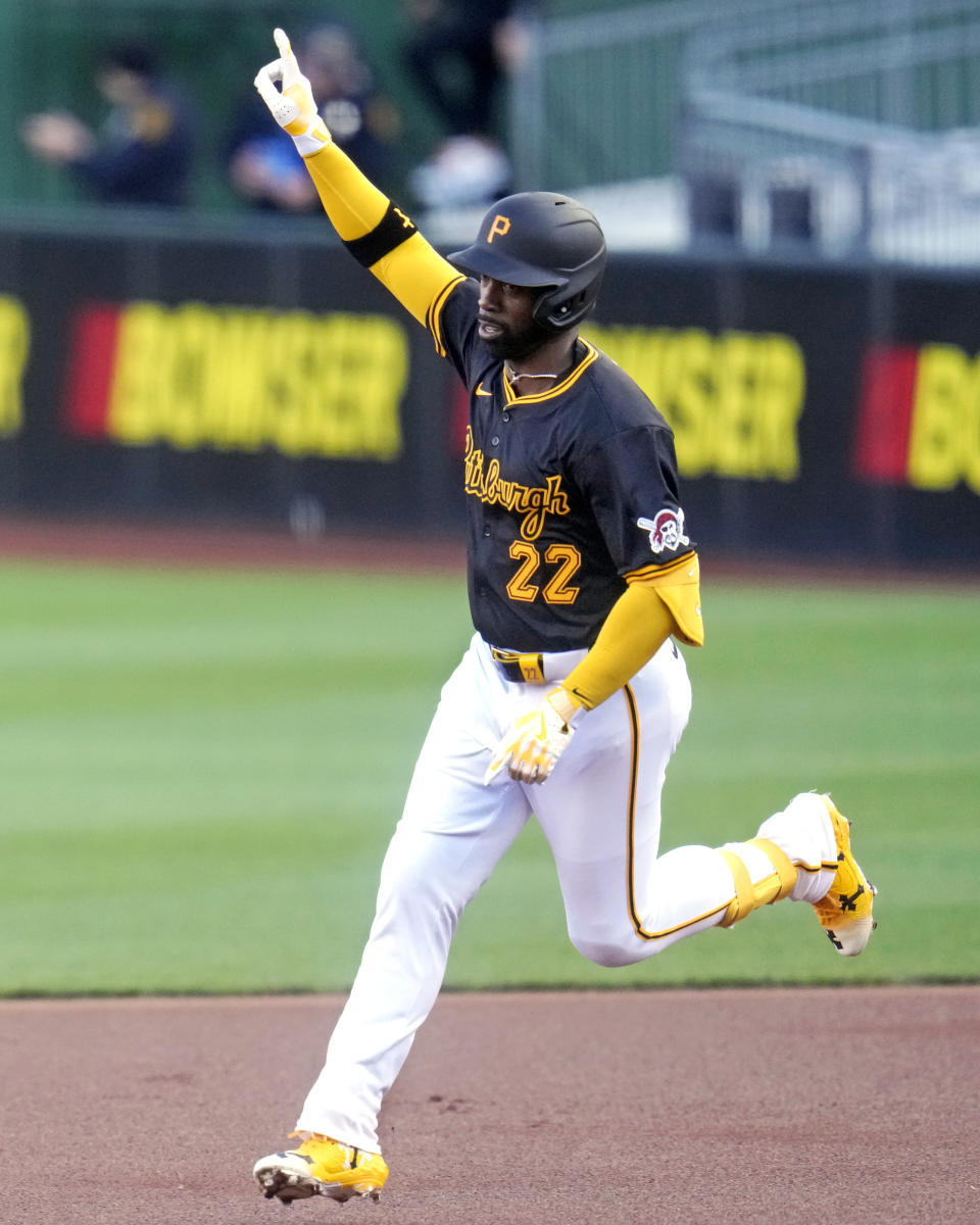 Pittsburgh Pirates' Andrew McCutchen celebrates as he rounds the bases after hitting a solo home run off Milwaukee Brewers starting pitcher Joe Ross during the first inning of a baseball game in Pittsburgh, Monday, April 22, 2024. (AP Photo/Gene J. Puskar)