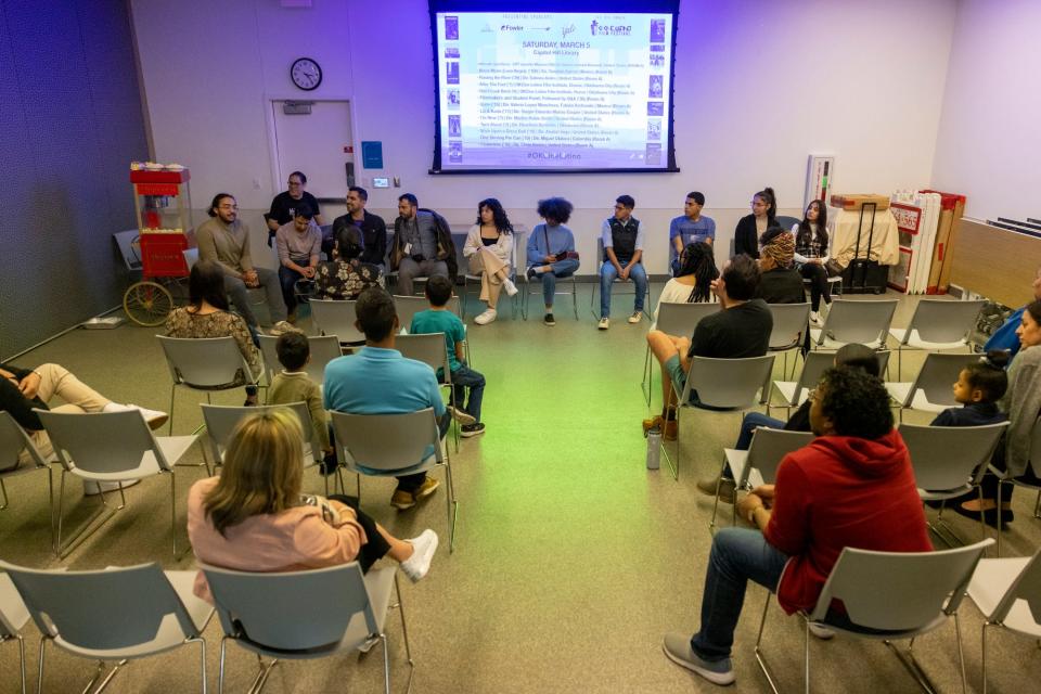 A panel of filmmakers and students answer questions from the audience during The Oklahoma Cine Latino Film Festival at Capitol Hill Library, Sunday, March 5, 2023.