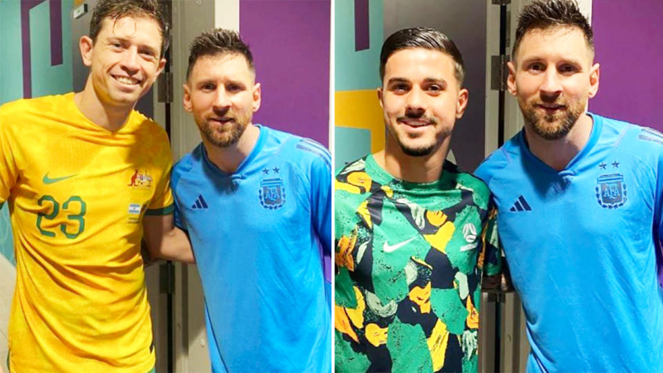 Socceroos players, pictured here posing for photos with Lionel Messi at the World Cup. 