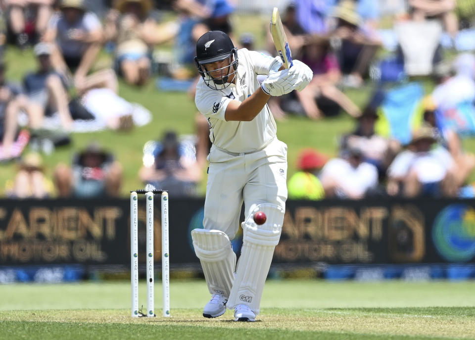 New Zealand's Ross Taylor bats during play on day one of the first cricket test between Pakistan and New Zealand at Bay Oval, Mount Maunganui, New Zealand, Saturday, Dec. 26, 2020. (Andrew Cornaga/Photosport via AP)