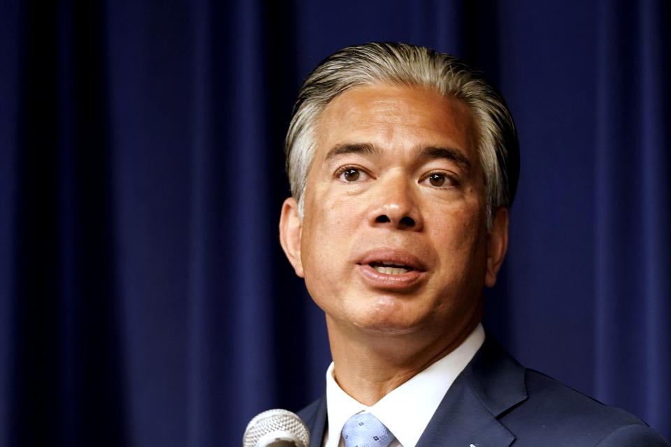 FILE - California Attorney General Rob Bonta talks at a news conference in Sacramento, Calif., June 28, 2022. California is accusing Amazon of violating the state’s antitrust laws by stifling competition and engaging in practices that push sellers to maintain higher prices on products on other sites. In an 84-page lawsuit filed Wednesday, Sept. 14, in San Francisco Superior Court, Bonta’s office said Amazon had effectively barred sellers from offering lower prices for products elsewhere through contract provisions that harm the ability of other retailers to compete. (AP Photo/Rich Pedroncelli, File)