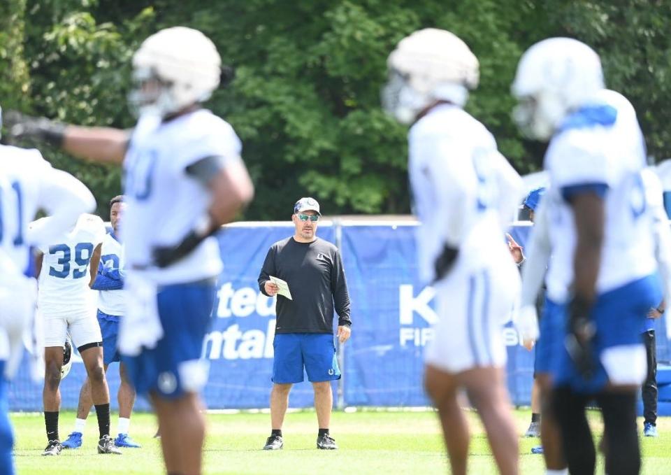 Matt Raich, Special Defensive Assistant/Assistant Defensive Line Coach with the Indianapolis Colts, looks on during a practice. Raich is a Monaca native.