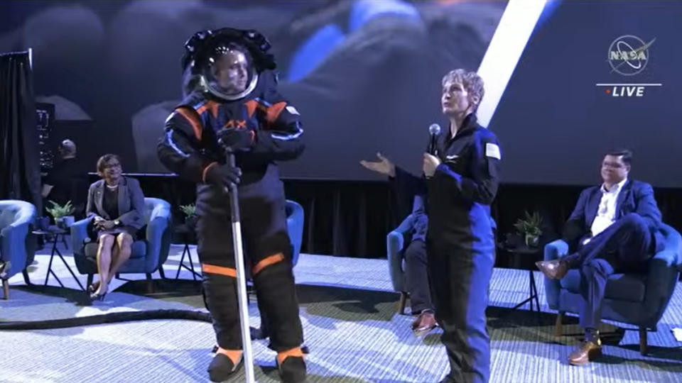 Axiom Space's Jim Stein in the company's Artemis moon spacesuit during a reveal event.