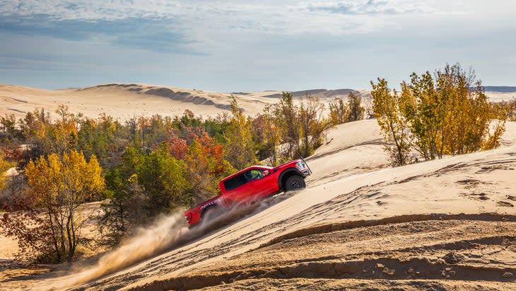 <span class="article__caption">Ford hosted the media drive for the Raptor R at Silver Lake Sand Dunes, an off-highway vehicle park in western Michigan. Even terrain like this ultimately didn’t prove open enough to exploit the R’s full performance. </span> (Photo: Ford)