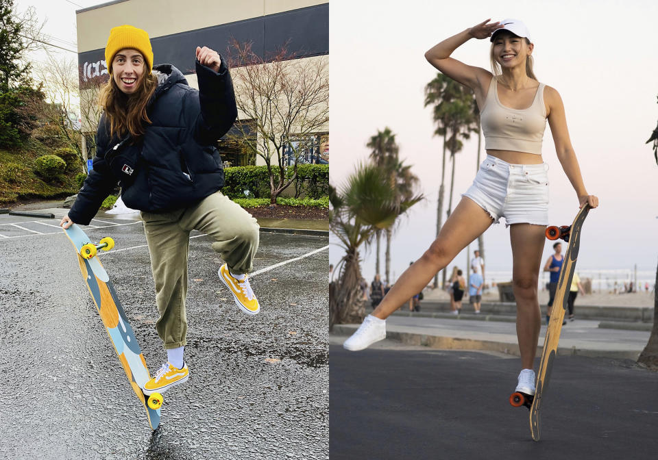 This combination of photos shows Hannah Dooling posing with her longboard outside Daddies Board Shop in Portland, Ore., in December 2021, left, and Yun Huang posing with her longboard in Santa Monica on Aug. 31, 2022. Longboard dancing is still in its infancy. But fans say the skate/dance hybrid has already spread in southern California, Paris, Seoul and other places with public squares or wide, open sidewalks. (Devon Hubner, via AP, left, and Laura Paragano via AP)