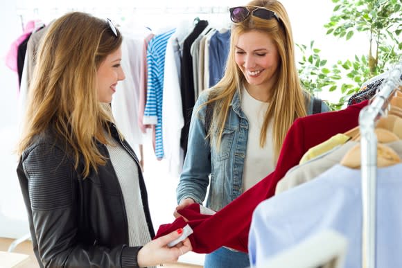 Two women looking at a clothing rack