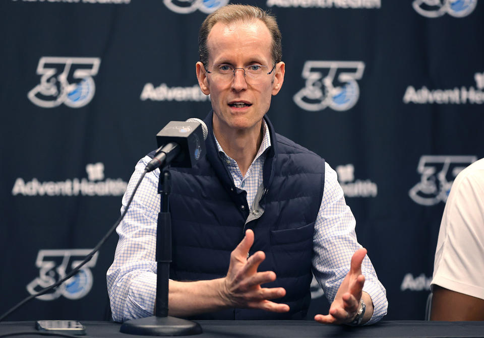 Orlando Magic president of basketball operations Jeff Weltman discusses the Orlando Magicâs draft picks in the NBA Draft during a news conference at the Advent Health Training Center on June 22, 2023, in Orlando, Florida. (Stephen M. Dowell/Orlando Sentinel/Tribune News Service via Getty Images)