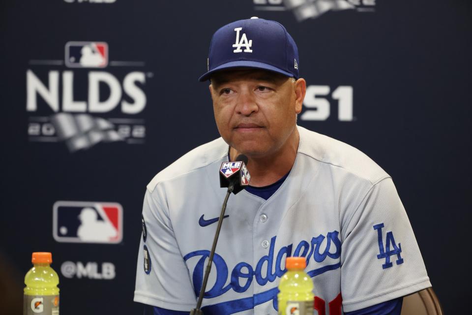 Los Angeles Dodgers manager Dave Roberts talks to the press after being defeated by the San Diego Padres during Game 4 of the NLDS.