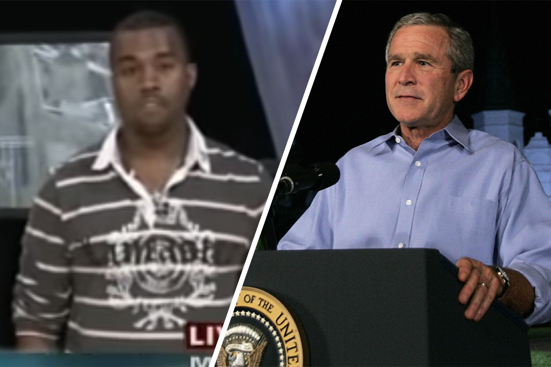 Kanye West called out George W. Bush over his handling of Hurricane Katrina on this day in 2005. (YouTube/Getty Images)