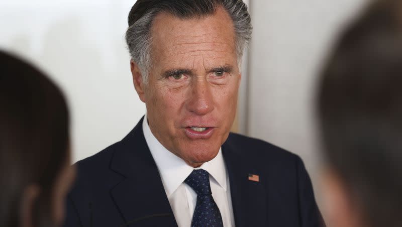 Sen. Mitt Romney speaks to reporters following an event with the Utah Aerospace and Defense Association at the Larry H. Miller Company in Sandy on Thursday, Feb. 23, 2023.