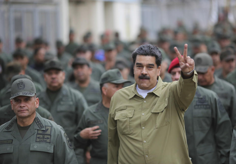 President Nicol&aacute;s Maduro arrives at a military base in Caracas, Venezuela, on Jan. 30, 2019. He has emphasized his control of the military. (Photo: ASSOCIATED PRESS/Marcelo Garcia/Miraflores Presidential Press Office)