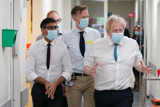 Boris Johnson and Rishi Sunak during a visit to the Kent Oncology Centre at Maidstone Hospital 