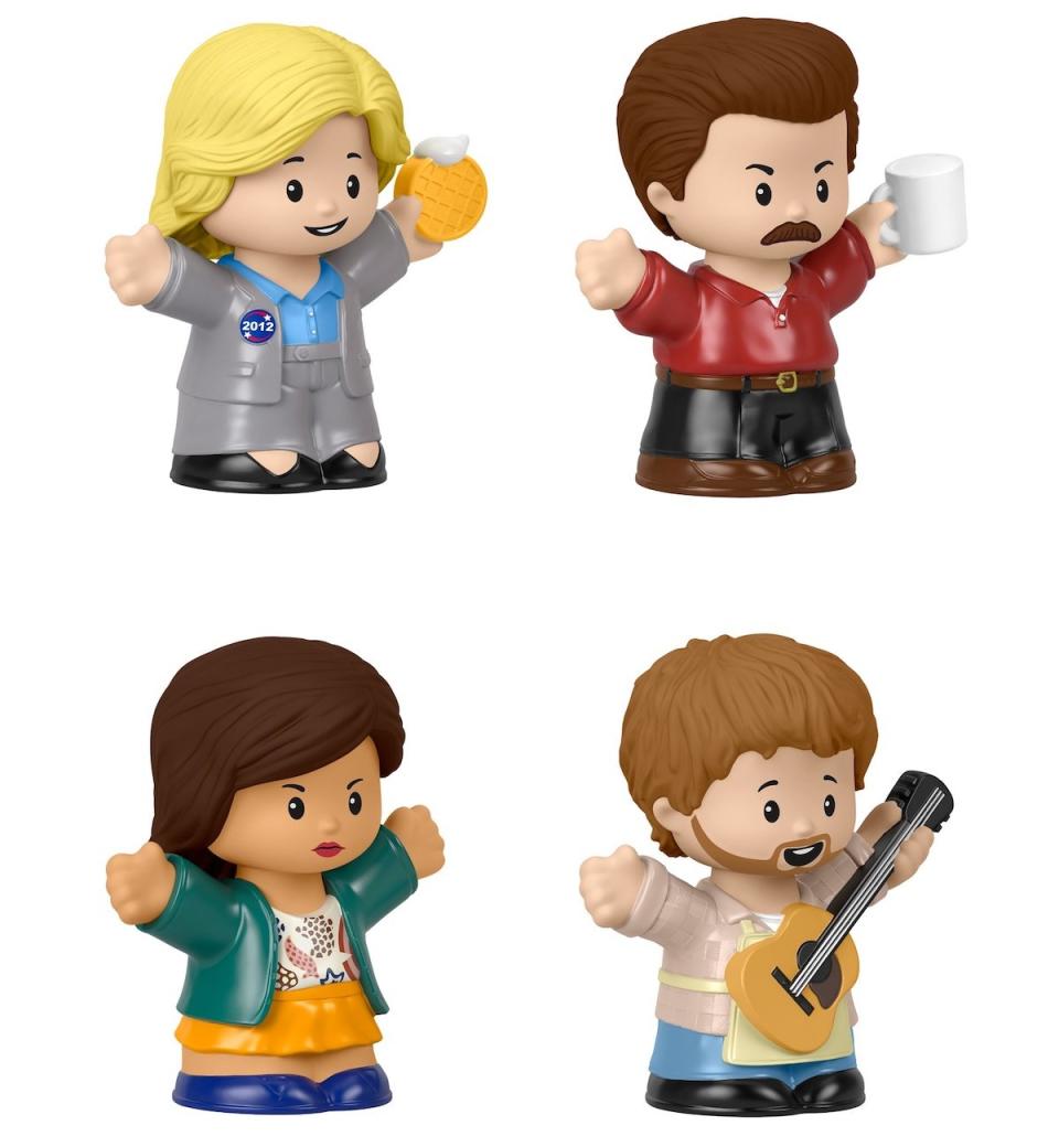 Four Fisher-Price Little People figures in a 2x2 grid, all characters from Parks and Rec, including LEslie, Ron, April, and Andy