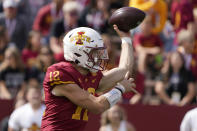 Iowa State quarterback Hunter Dekkers throws a pass during the second half of an NCAA college football game against Baylor, Saturday, Sept. 24, 2022, in Ames, Iowa. Baylor won 31-24. (AP Photo/Charlie Neibergall)