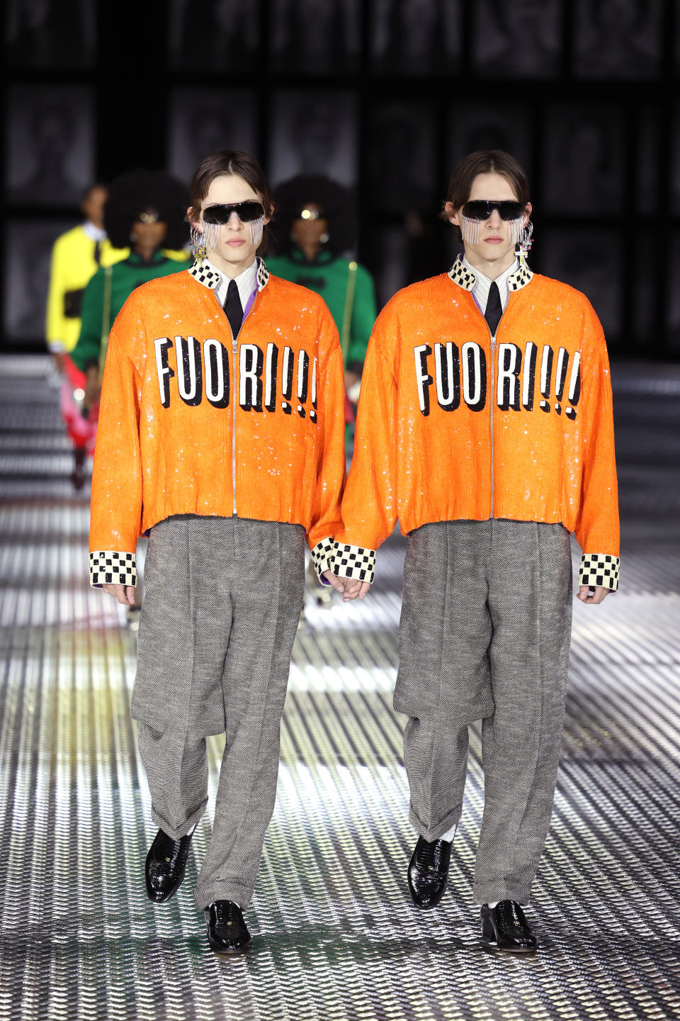 A series of looks featured “Fuori!” — Italian for “get out.” - Credit: Getty Images for Gucci