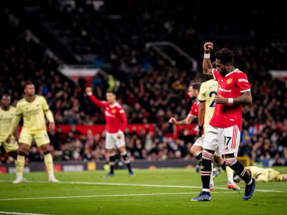 Fred celebrates during Manchester United’s victory at Old Trafford  (Manchester United via Getty Imag)