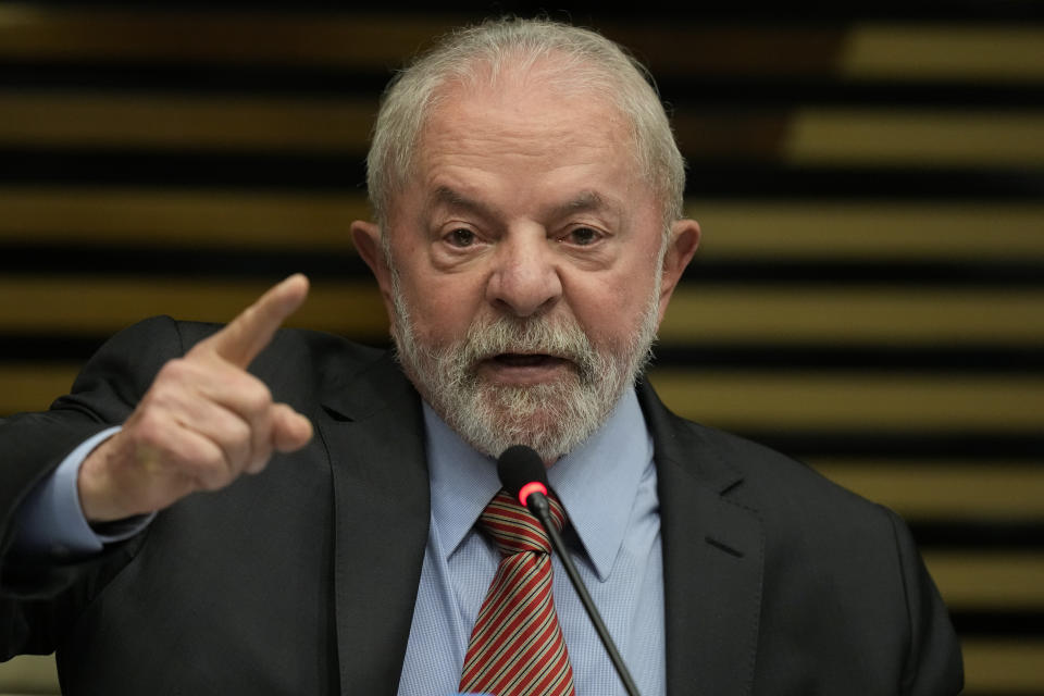 Brazil's former President Luiz Inacio Lula da Silva, who is running for reelection, speaks during a meeting with businessmen at the Federation of Industries of the State of Sao Paul (FIESP) in Sao Paulo, Brazil, Tuesday, Aug. 9, 2022. Brazil will hold general elections in October. (AP Photo/Andre Penner)