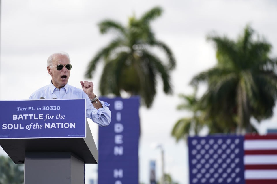 426Democratic presidential candidate former Vice President Joe Biden speaks at a drive-in rally at Broward College, Thursday, Oct. 29, 2020, in Coconut Creek, Fla. (AP Photo/Andrew Harnik)