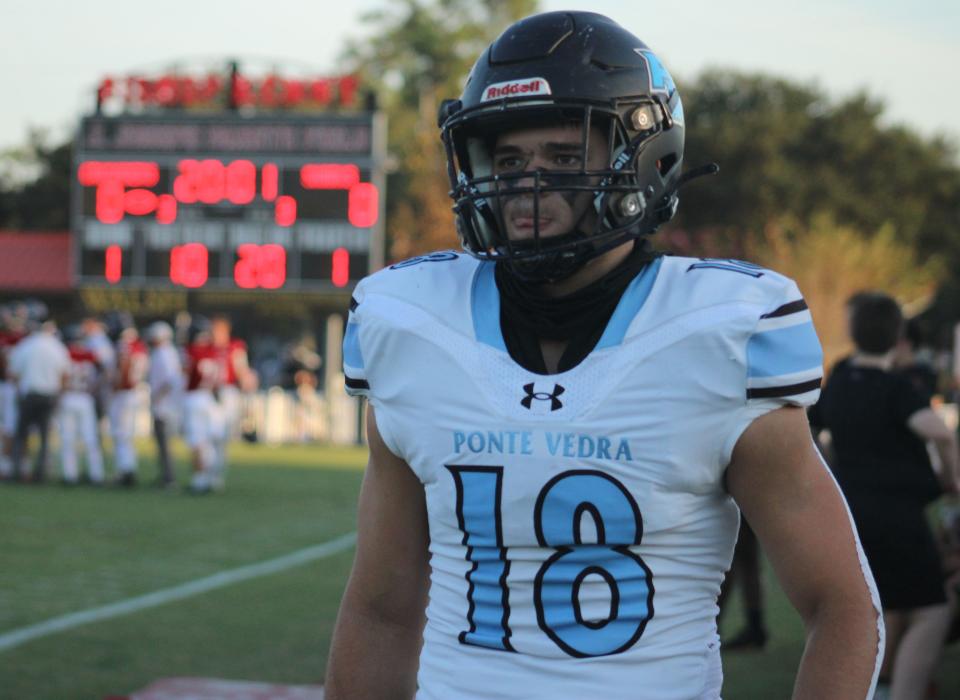 Ponte Vedra linebacker Trooper Price (18) warms up before a high school football game at Bishop Kenny on October 7, 2022. [Clayton Freeman/Florida Times-Union]
