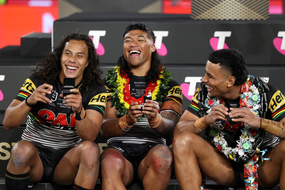 Jarome Luai, Brian To'o and Stephen Crichton, pictured here celebrating after Penrith's win over Parramatta in the NRL grand final.