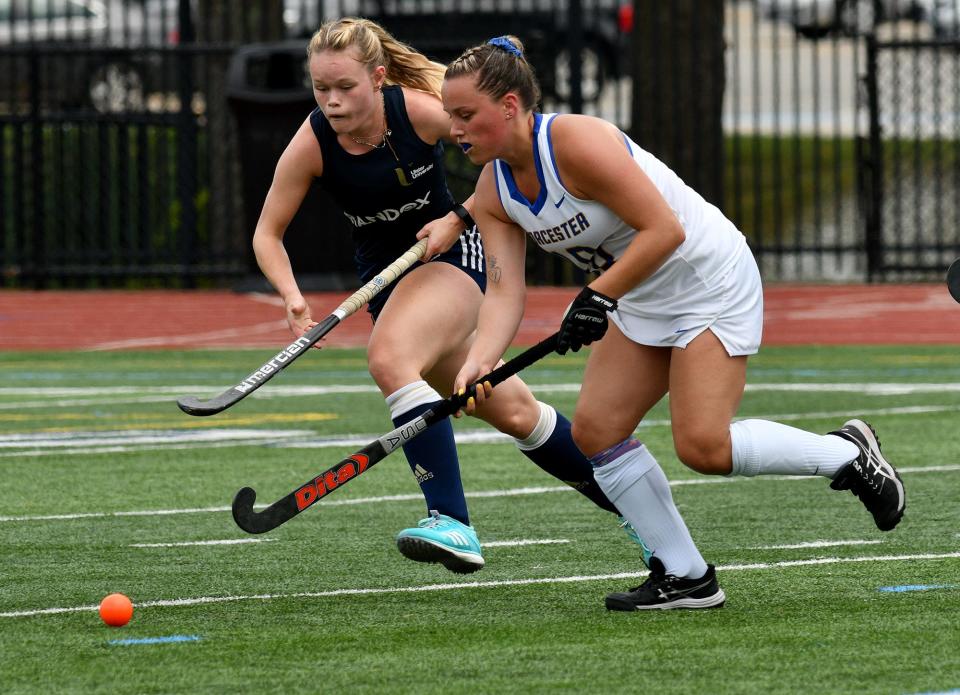 Worcester State's Madison Avilla races Ulster University's Rebecca Dwyer to the ball during Tuesday's friendly.