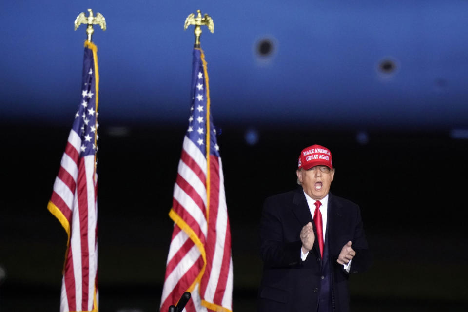 President Donald Trump arrives to speak at a campaign rally on Sunday, Nov. 1, 2020, at Richard B. Russell Airport in Rome, Ga. (AP Photo/Brynn Anderson)