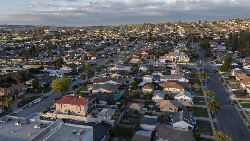 Sunset aerial view of dense suburban housing in Montebello, Calif.