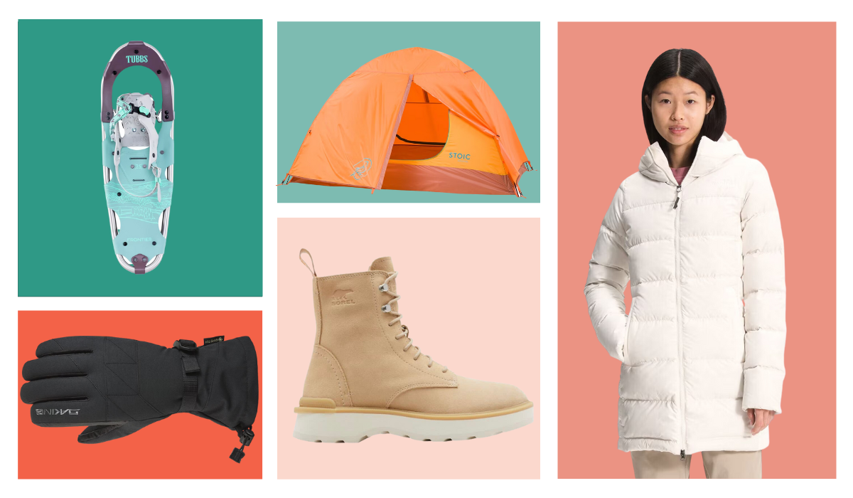 collage of snow shoe, tent, coat, boot and glove