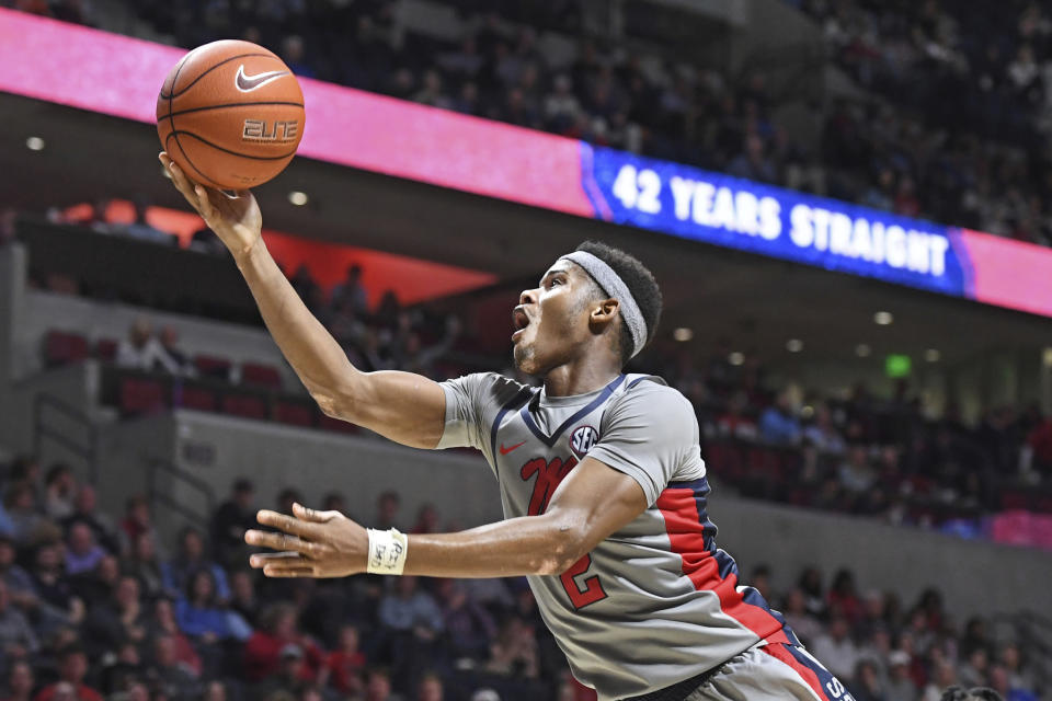 Mississippi guard Devontae Shuler (2) shoots during the second half of the team's NCAA college basketball game against Auburn in Oxford, Miss., Tuesday, Jan. 28, 2020. Auburn won 83-82. (AP Photo/Thomas Graning)