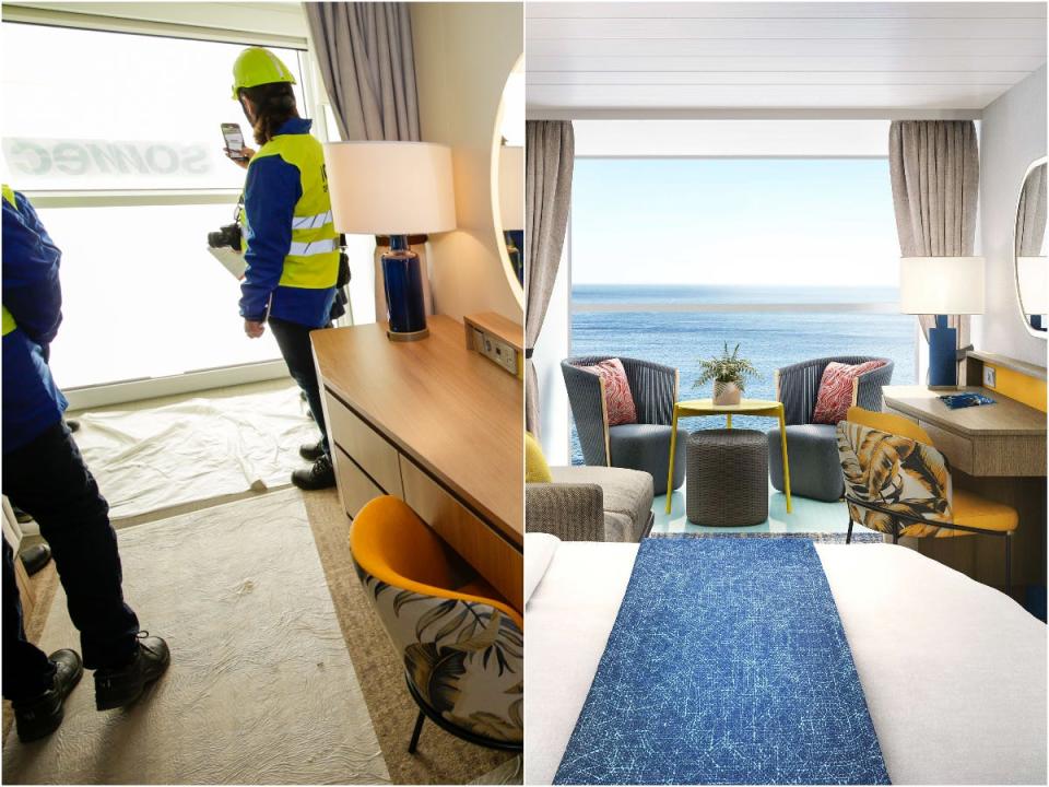 A collage of the rendering of the family infinite ocean view balcony stateroom with what it looks like now under construction