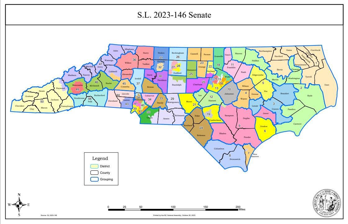 Map outlining the Senate districts that will be used in the 2024 election