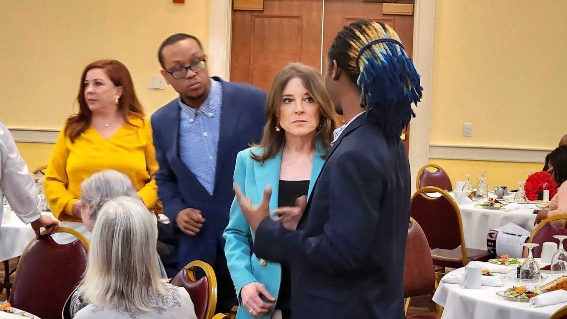 Presidential candidate Marianne Williamson speaks with voters during an annual dinner hosted by the Black Caucus of the S.C. Democratic Party on Sunday, March 26, 2023, at Brookland Baptist Church in West Columbia, S.C.