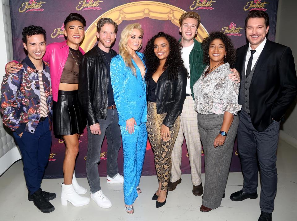 Philippe Arroyo, Justin David Sullivan, Stark Sands, Betsy Wolfe, Lorna Courtney, Ben Jackson Walker, Melanie La Barrie and Paulo Szot pose at a media preview/photo call for the new upcoming broadway musical "& Juliet" at The iHeartRadio Theater on October 14, 2022 in New York City.