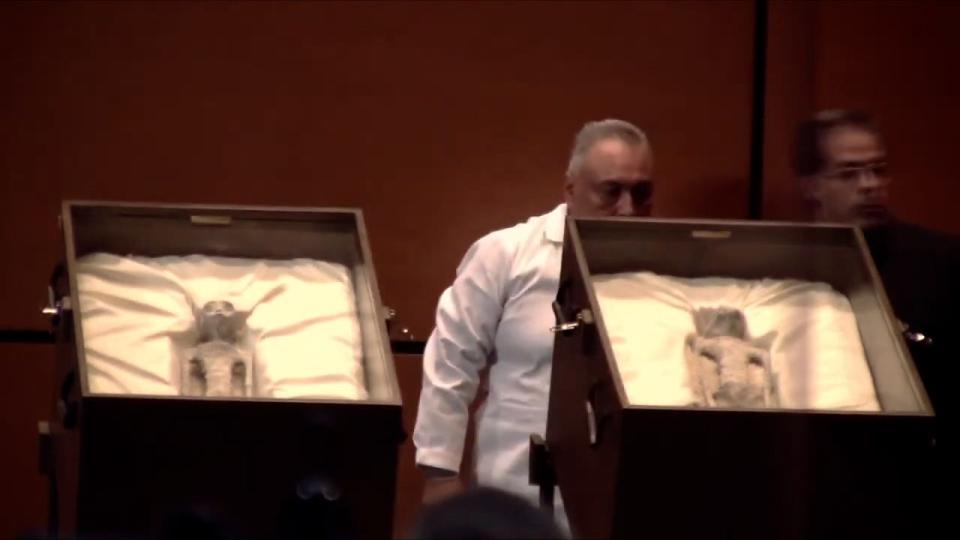 Remains of an allegedly "non-human" being were presented Tuesday to the Mexican Congress by Jaime Maussan, a self-proclaimed UFO expert who has before presented supposed alien discoveries that were later debunked.