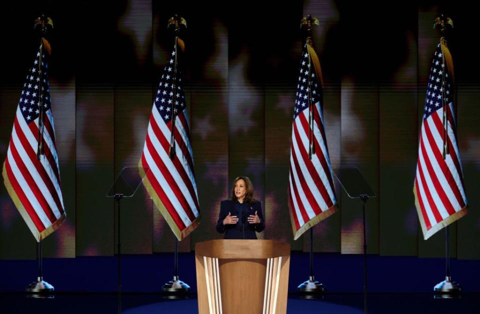 chicago, illinois august 22 democratic presidential candidate, us vice president kamala harris speaks on stage on the final day of the democratic national convention at the united center in chicago, illinois on august 22, 2024. delegates, politicians and supporters of the democratic party gather in chicago as current vice president kamala harris is announced as her party's presidential candidate. the dnc takes place from august 19-22. photo: chip somodevillagetty images