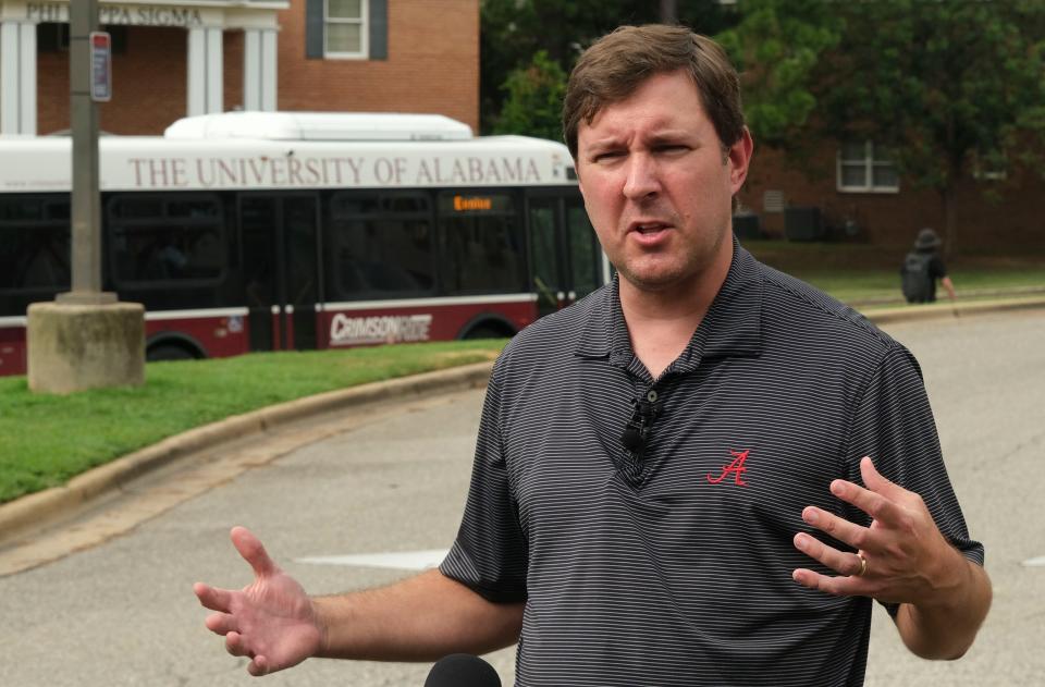 Nick Frenz speaks to the media on behalf of the University of Alabama to update game day operations and procedures Tuesday, Aug. 29, 2023, as the Crimson Tide prepares for the season-opening game against Middle Tennessee State this weekend.