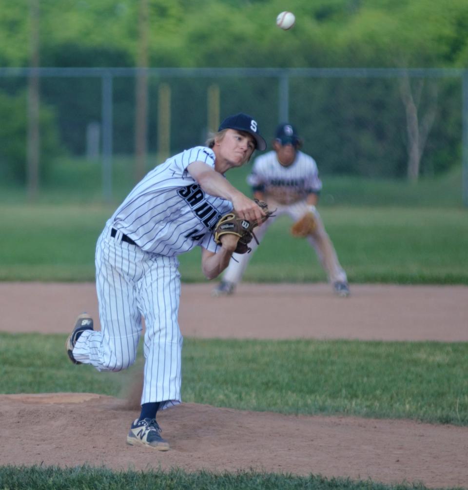 Sault Ste. Marie pitcher Garrett Gorsuch sends a pitch to the plate Wednesday in Gaylord vs. Petoskey.