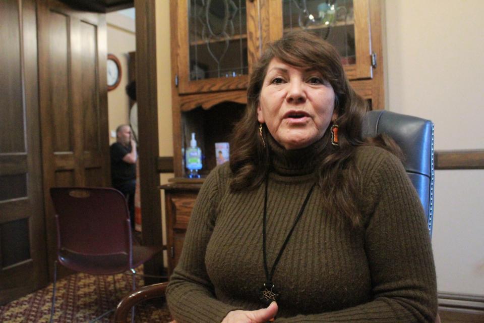 Linda Cobe, of the Lac Vieux Desert Band of Lake Superior Chippewa Indians, spoke on Feb. 16, 2022 at the State Capitol on a bill promoting Native American boarding school instruction in Michigan.