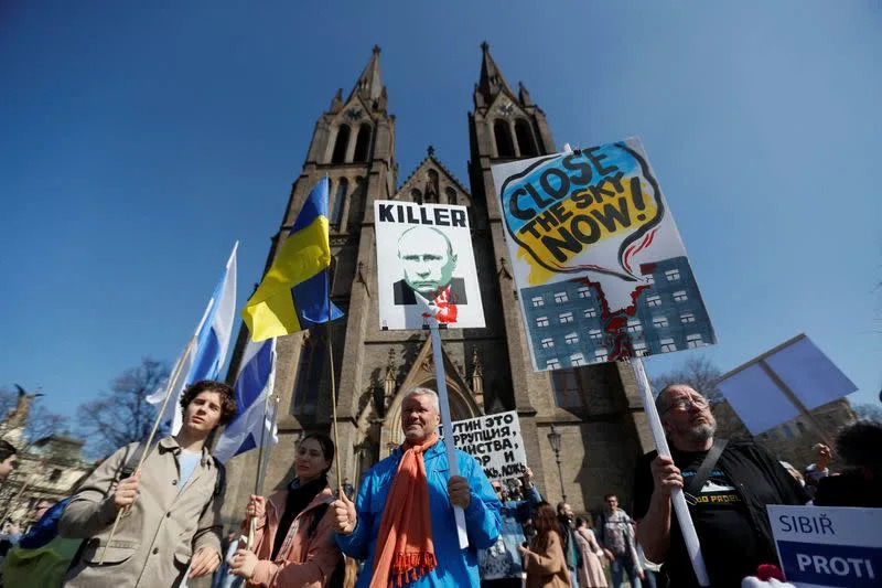 Prague's Russian community protests against war in Ukraine, in Prague