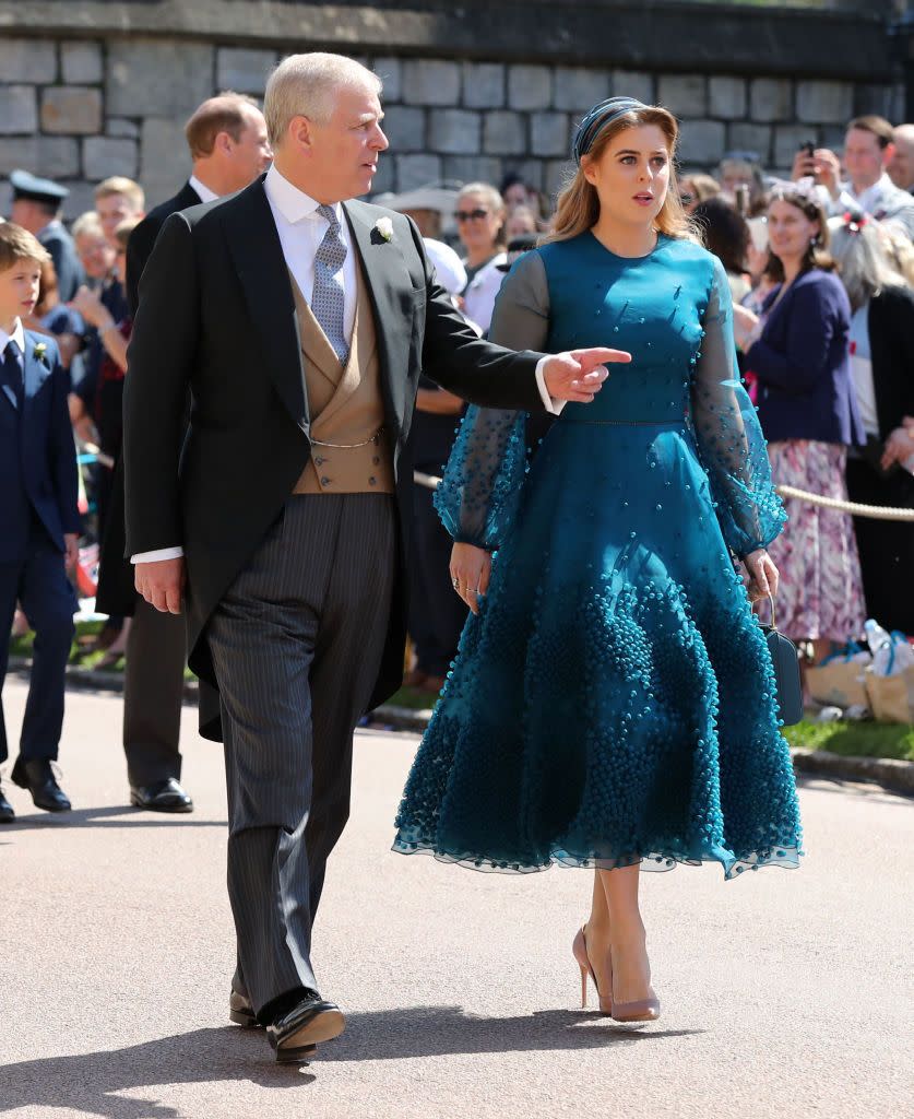 <p>Princess Beatrice wearing a bespoke Roksanda Viola dress in hand dyed teal silk organza at the royal wedding.</p>