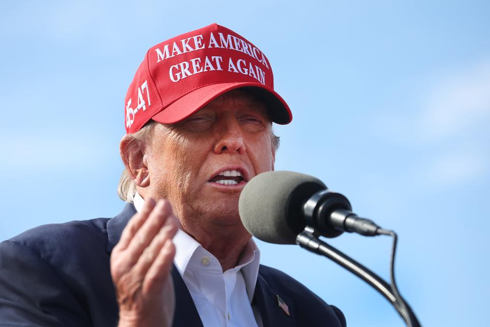 Republican presidential candidate former President Donald Trump speaks to supporters during a rally at the Dayton International Airport on March 16, 2024 in Vandalia, Ohio. The rally was hosted by the Buckeye Values PAC.