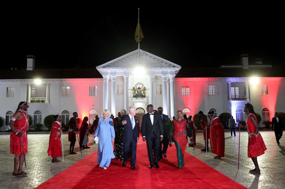 Queen Camilla and King Charles pose with Kenyan President William Ruto and First Lady Rachel Ruto ahead of the State Banquet in Nairobi on Oct. 31, 2023.